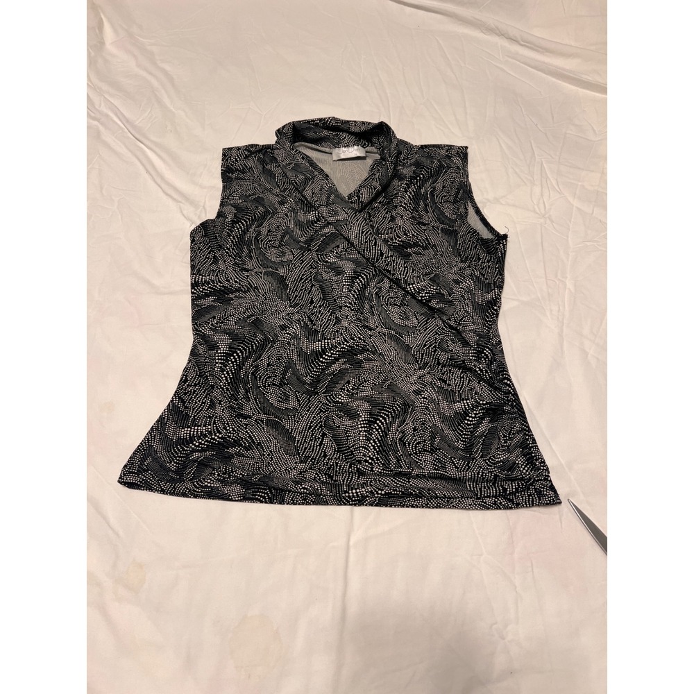 Jon Den Womens Black White Abstract Dot Swirl Surplice Sleeveless Blouse Size M